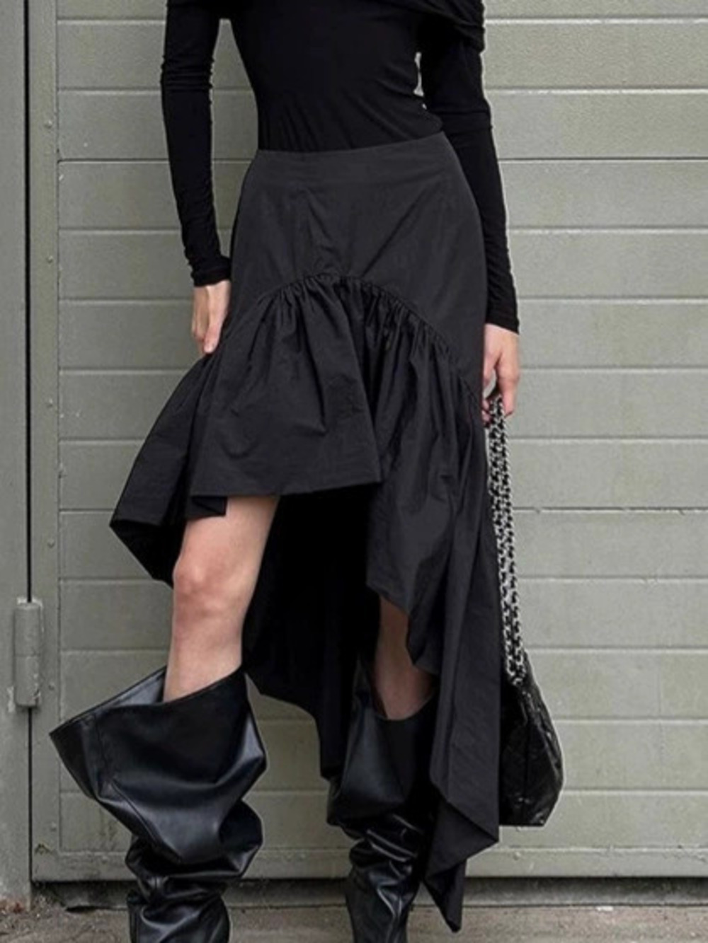 Forever 21 Black Ruffle Asymmetric High Waist A-Line Skirt Spring